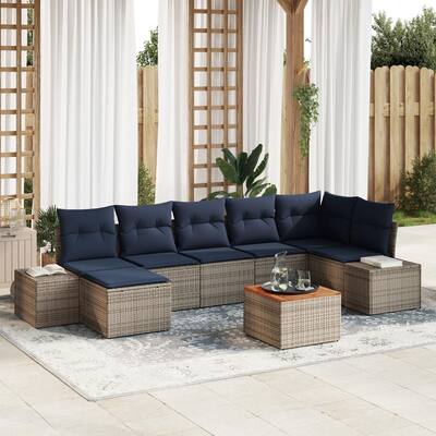 vidaXL 8 Garden Sofa Set with Cushions Black/Grey Poly Rattan - 125.6 x 60.6 x 27.2