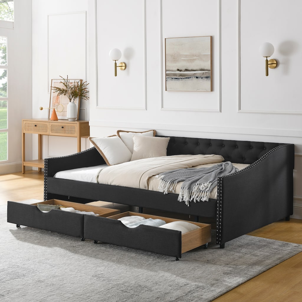 Mid-century Upholstered Sofa Bed Full Size Daybed with Storage Drawers, Button Tufted Back and Nailhead Trim Waved Shape Arms