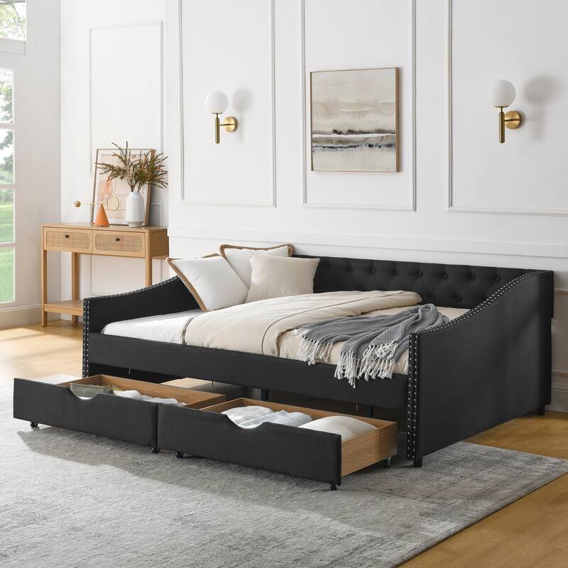 Roomfitters Twin/Full/Queen Upholstered Daybed with Tufted Backrest, Nailhead Trim and Underbed Storage Trundle