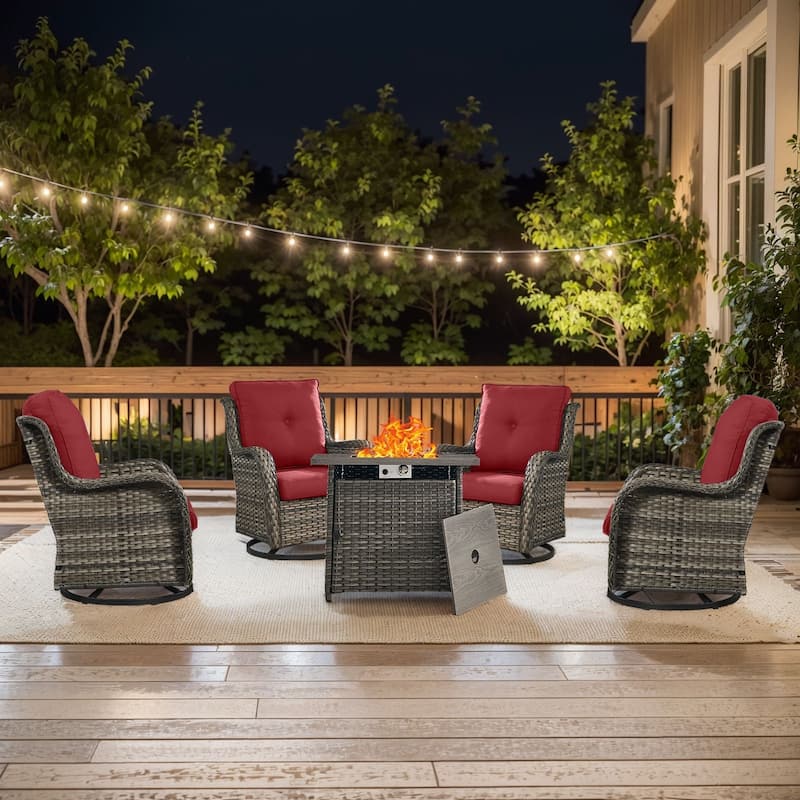 Pocassy 5 Pieces Fire Pit Table with Swivel Gilder Chairs - Grey Wicker Red Cushion - 5 Pieces Swivel Chair with Fire Table