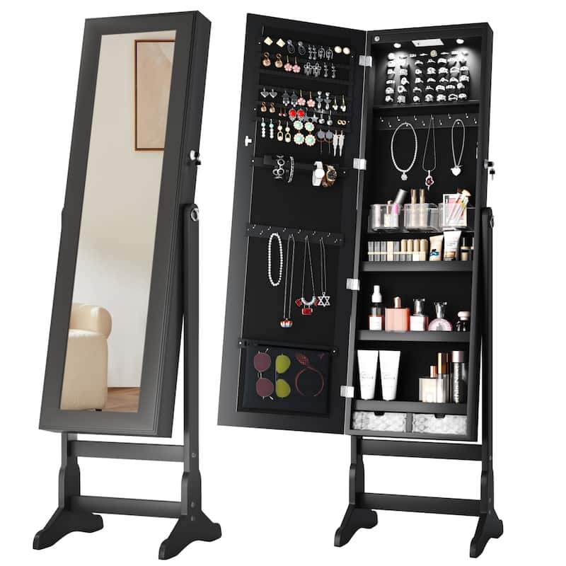 Furniwell Jewelry Mirrored Cabinet Mirror w/Built-in Lights Armoire Organizer Storage Box