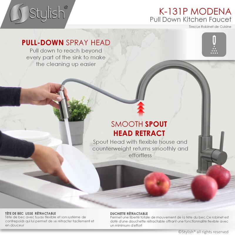 STYLISH Kitchen Sink Faucet Single Handle Pull Down Dual Mode in Stainless Steel - Faucet Height: 14 1/8" | Spout Height: 6 3/4"