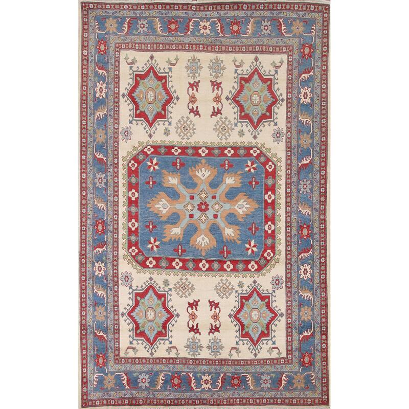 Hand Knotted Oriental 100% Wool Carpet Traditional Geometric Beige & Ivories Kazak Area Rug - 9' 11'' X 6' 8''