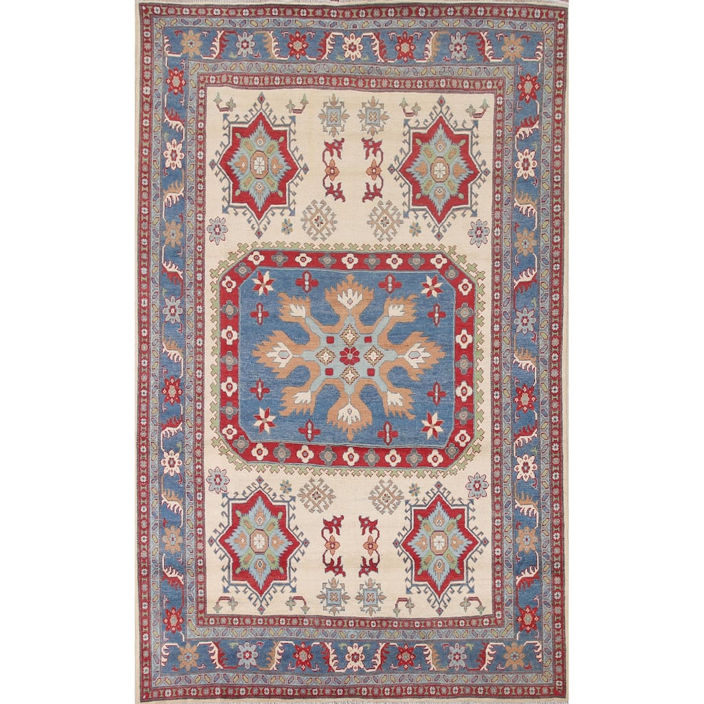 Hand Knotted Oriental 100% Wool Carpet Traditional Geometric Beige & Ivories Kazak Area Rug - 9' 11'' X 6' 8''