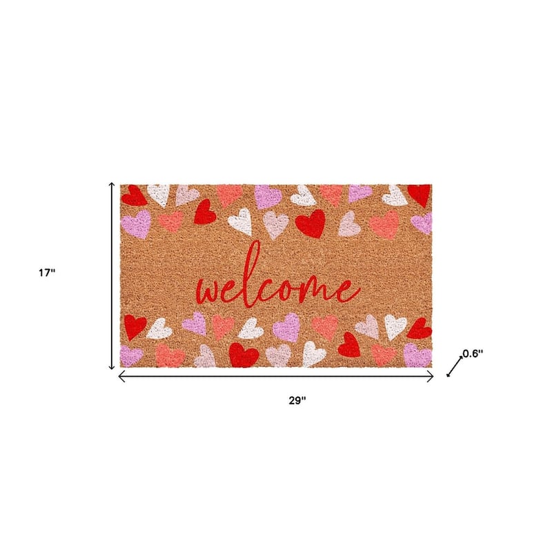HomeRoots 17" X 29" Brown Pink Red And White Hearts Welcome Outdoor Coir Door Mat - 17.00' X '29.00