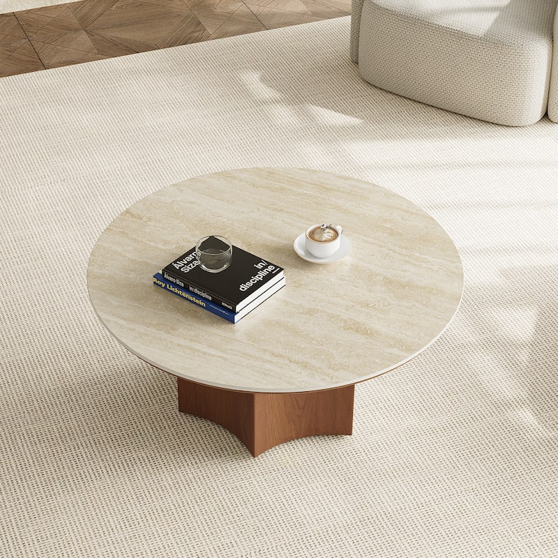 Mid-century Modern Coffee Table,35.43" With Sintered Stone Table Top, Solid Wood Legs