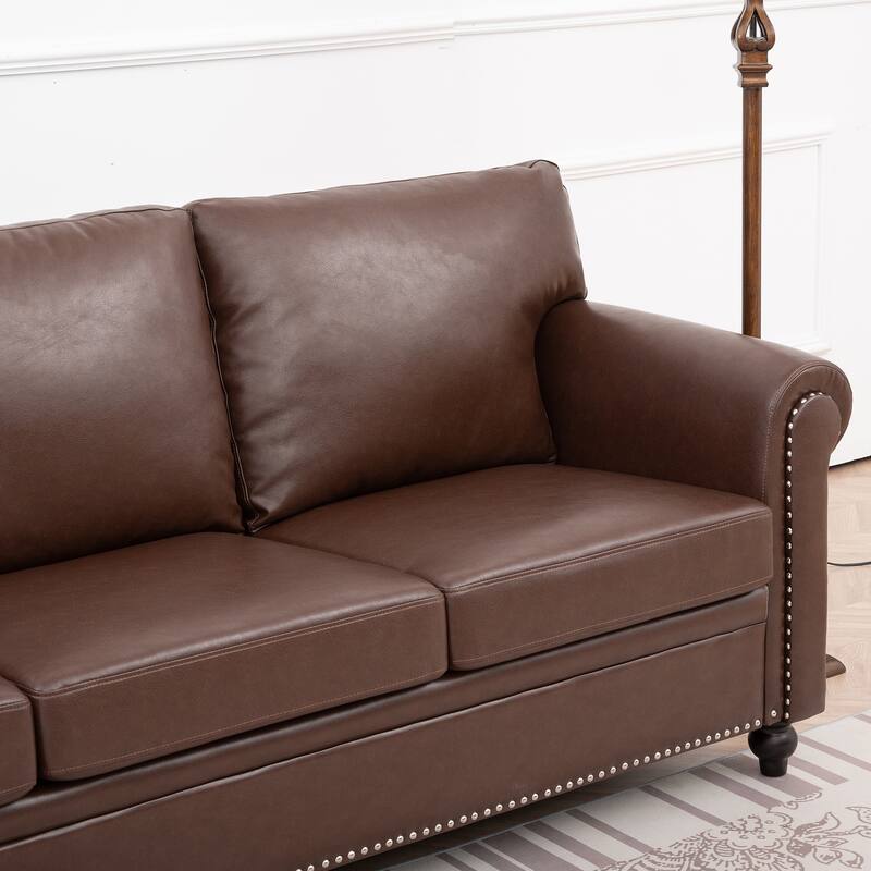 Mid Century Modern 3-Seater PU Fabric Sofa with Roll Arm, Tufted Sofas with Deep Seat for Living Room, Bedrooms, Apartment