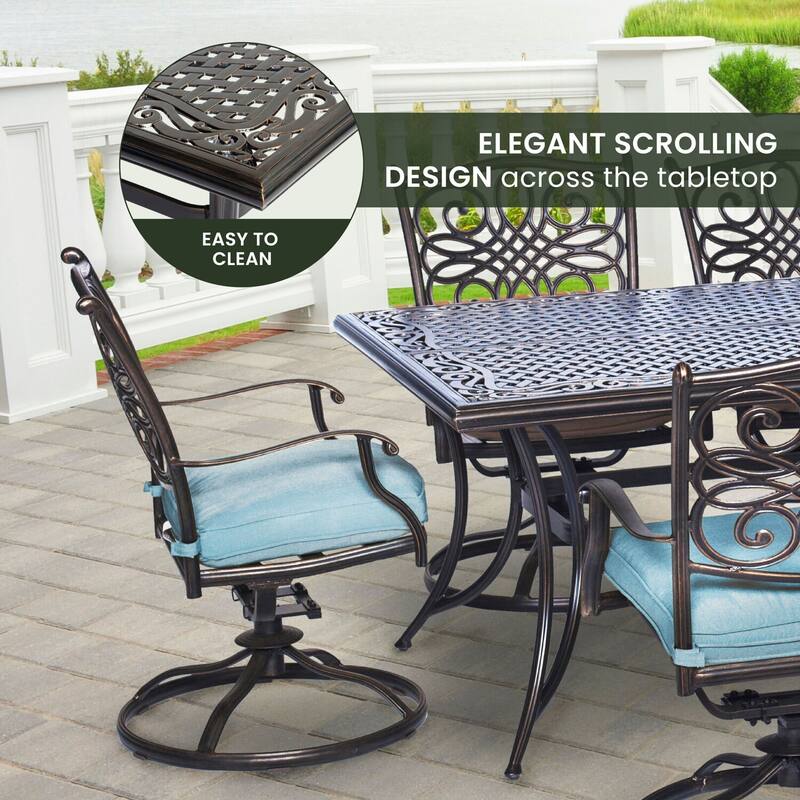 Hanover Outdoor Traditions 9-Piece Dining Set with Eight Swivel Dining Chairs and a Large 84 x 42 in. Dining Table