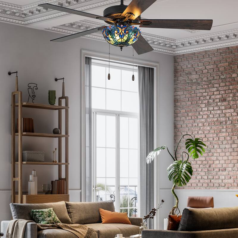 52" W Halston Indoor Tiffany Stained Glass Oil Rubbed Bronze Ceiling Fan with Remote Control