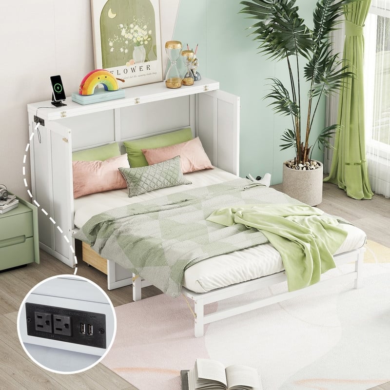 Murphy Bed Cabinet with Storage Drawer and Charging Station, USB Port