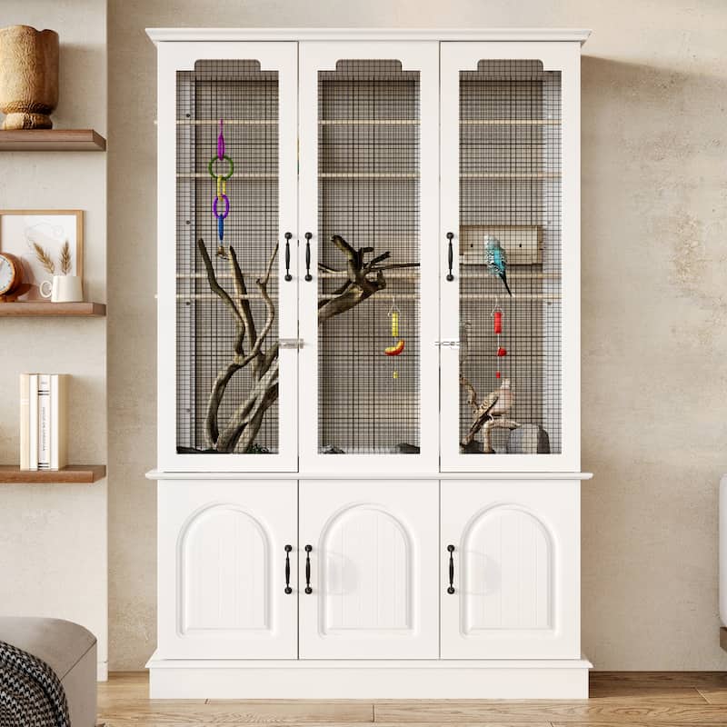 Large Wooden Bird Cage Cabinet with Storage, White Aviary Hutch with Black Metal Mesh, Tall Indoor Parrot Cage Furniture