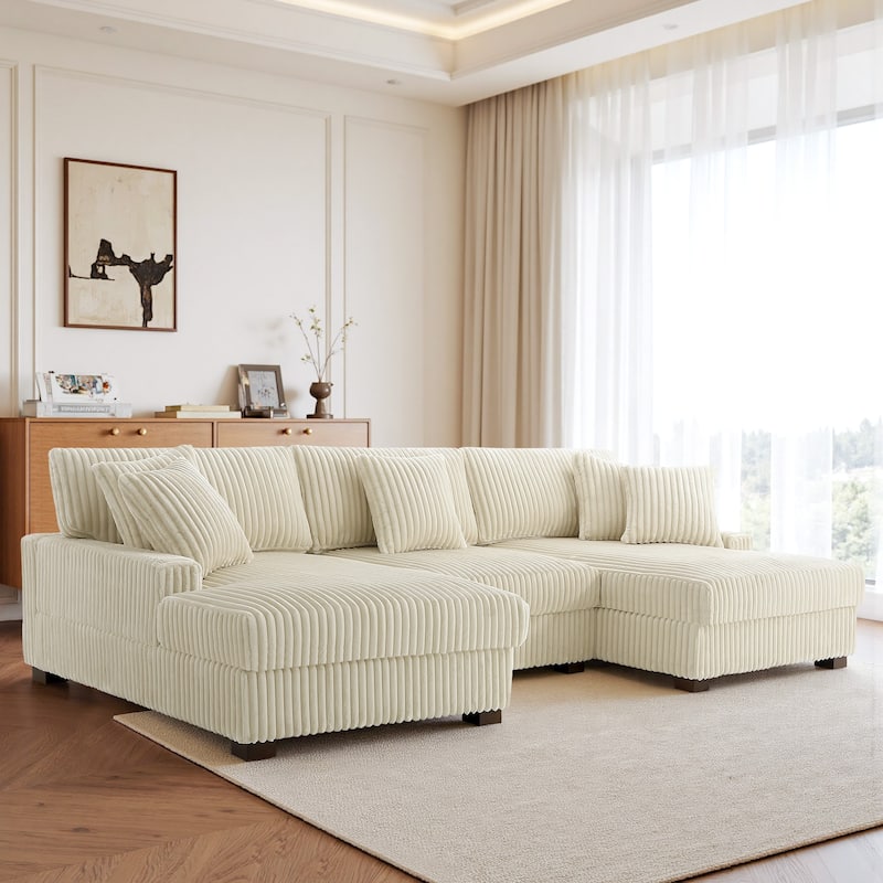 118.3" W U-Shape Plush Corduroy Upholstered Comfy Cloud Sectional Sofa