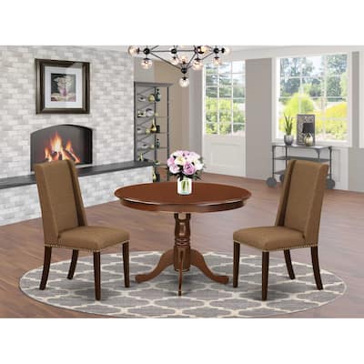 3-Piece Mahogany Finish Solid Wood Top-Round Upholstered Dining Room Set-Seats 4