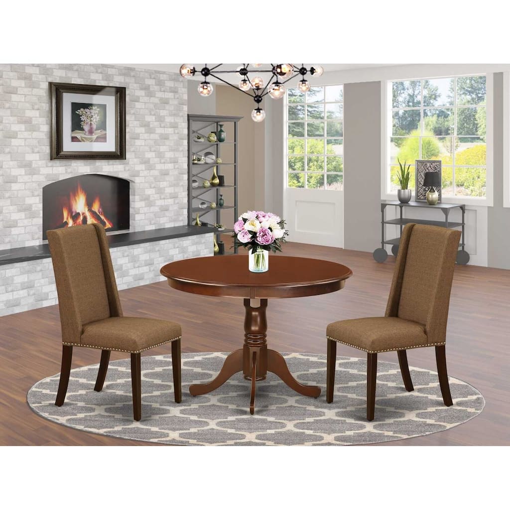 3-Piece Mahogany Finish Solid Wood Top-Round Upholstered Dining Room Set-Seats 4