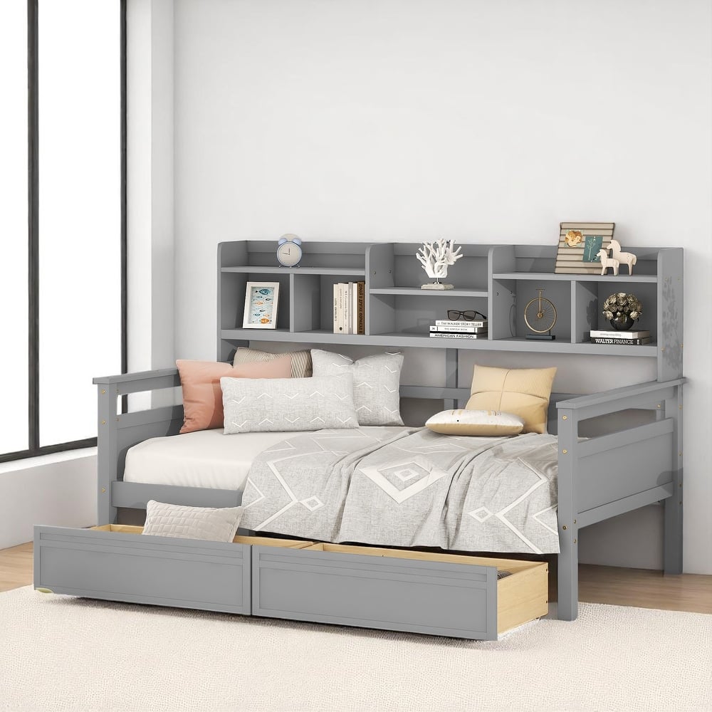 Wooden Twin/Full Daybed with 2 Storage Drawers and Bedside Shelves, No Box Spring Needed, Modern Design