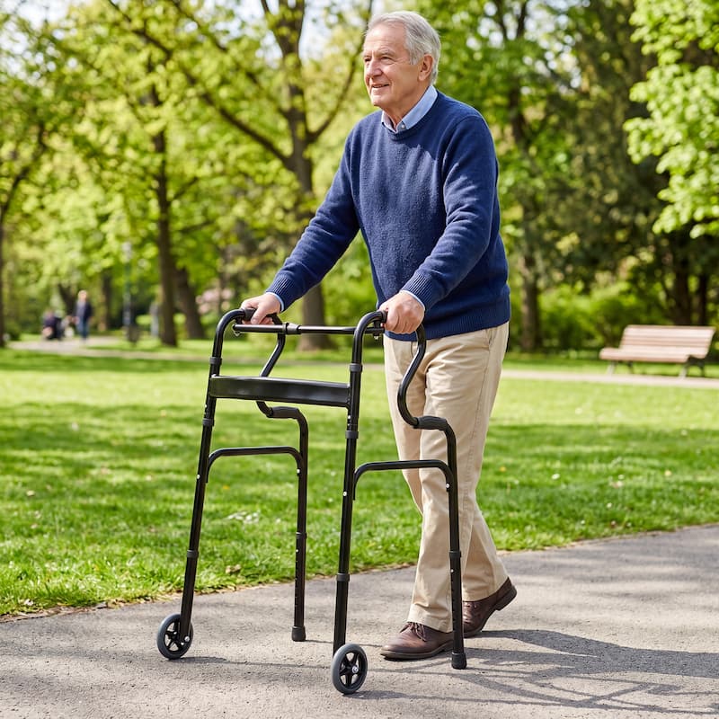 Gymax Heavy-Duty Folding Walker w/Unidirectional Wheels & Armrests