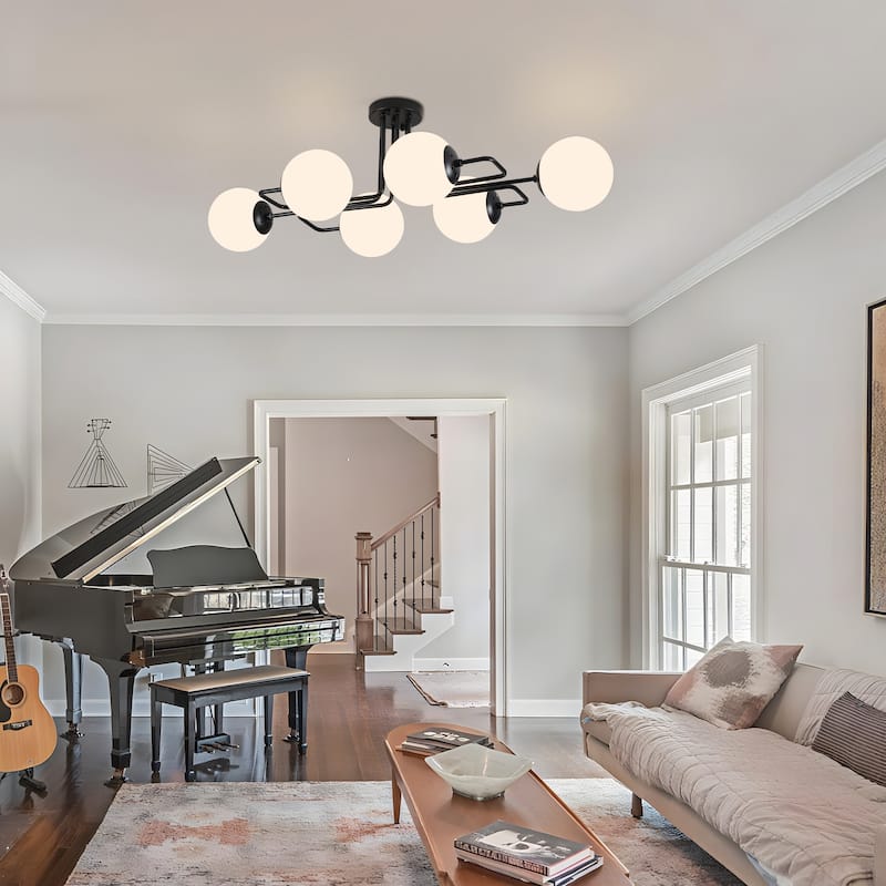 Mid - Century Modern 4 - Light Chandelier, Brass Frame with Glass Globes