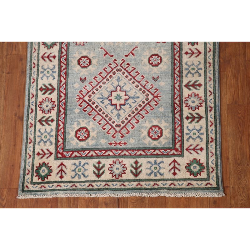 Light Blue Kazak Runner Rug Hand-Knotted Traditional Wool Carpet - 2'8" x 13'4"