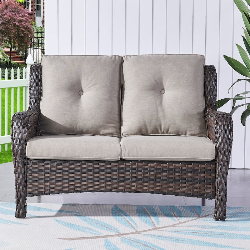 Pocassy Outdoor Loveseat Sofa 2-Seat PE Rattan - Brown - Grey