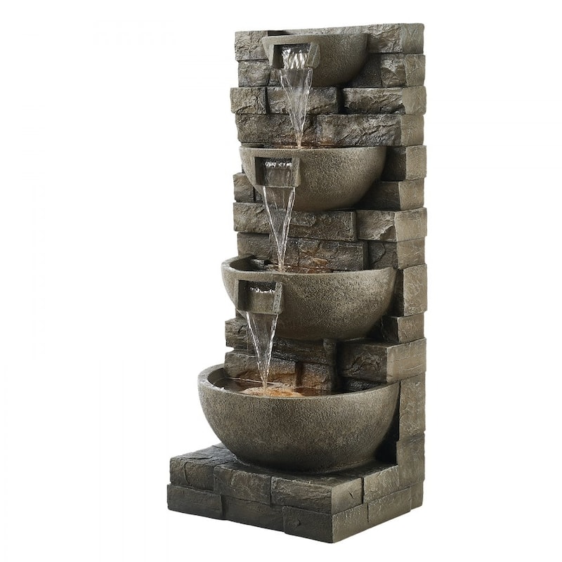 Gray 4-Layer Outdoor Water Fountain for Patio Garden Yard with Soothing Flow and LED Lighting - 15.16 x 13.19 x 35.63 in