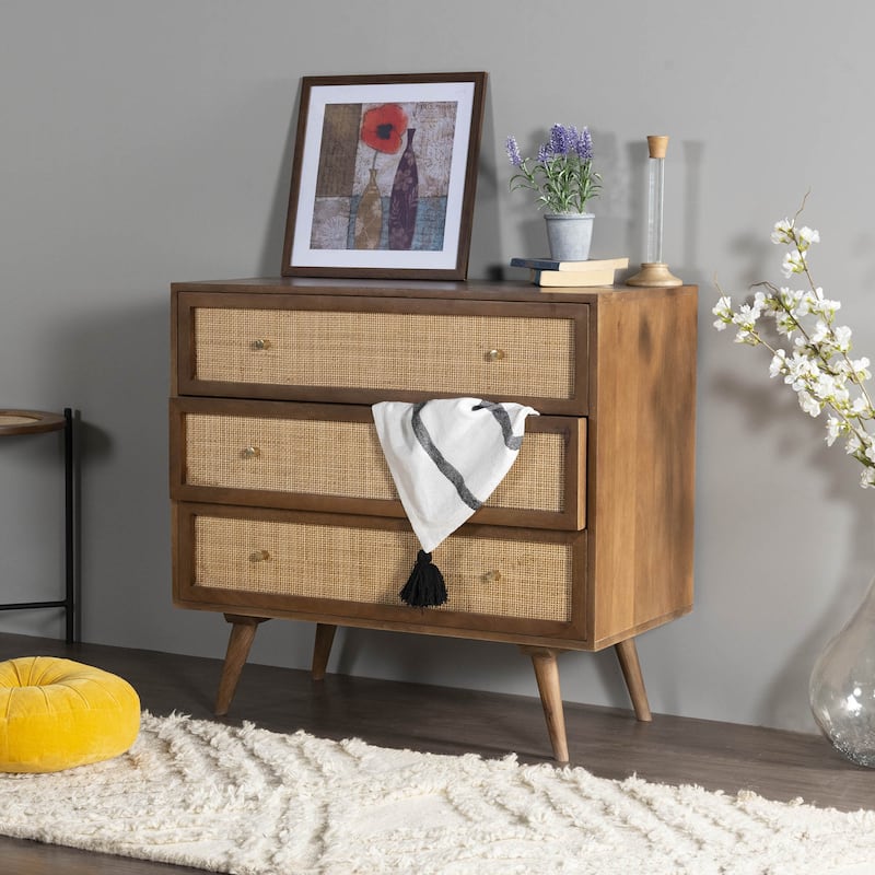 Glenda Solid Wood Three-Drawer Chest with Natural Cane
