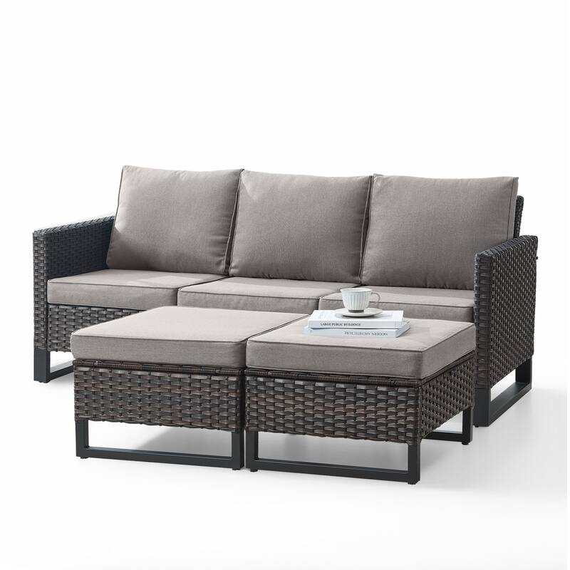 3 Pieces Outdoor Wicker Sofa with Ottomans Brown - Grey