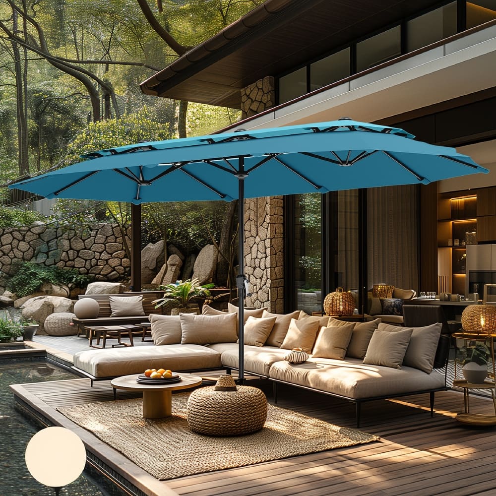 MAISON ARTS 2-Tier Double-Sided 13-foot Twin Outdoor Market Crank Umbrella with Colored Lights and Base Included