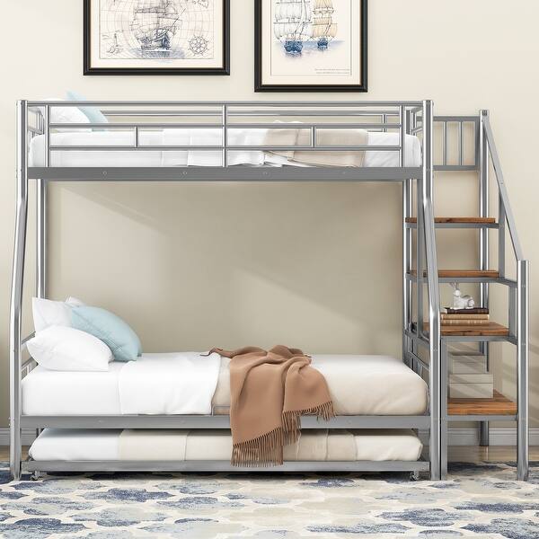 slide 2 of 16, Contemporary Design Metal Bunk Bed with Trundle and Storage Staircase, Twin over Full Size, Silver Silver