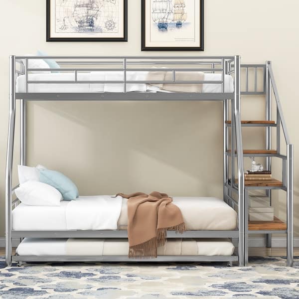 slide 2 of 32, Modern Twin over Full Metal Bunk Bed with Trundle & Staircase, Silver Silver