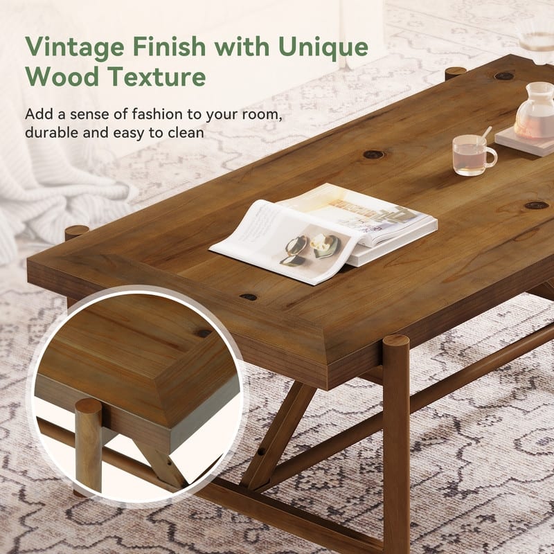 47-Inch Solid Wood Coffee Table with Column Legs, Farmhouse Center Tea Table for Living Room, Apartment