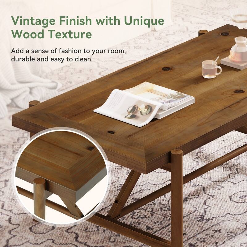 Farmhouse Solid Wood Coffee Table with Spacious Tabletop, 47-Inch Center Tea Table for Living Room