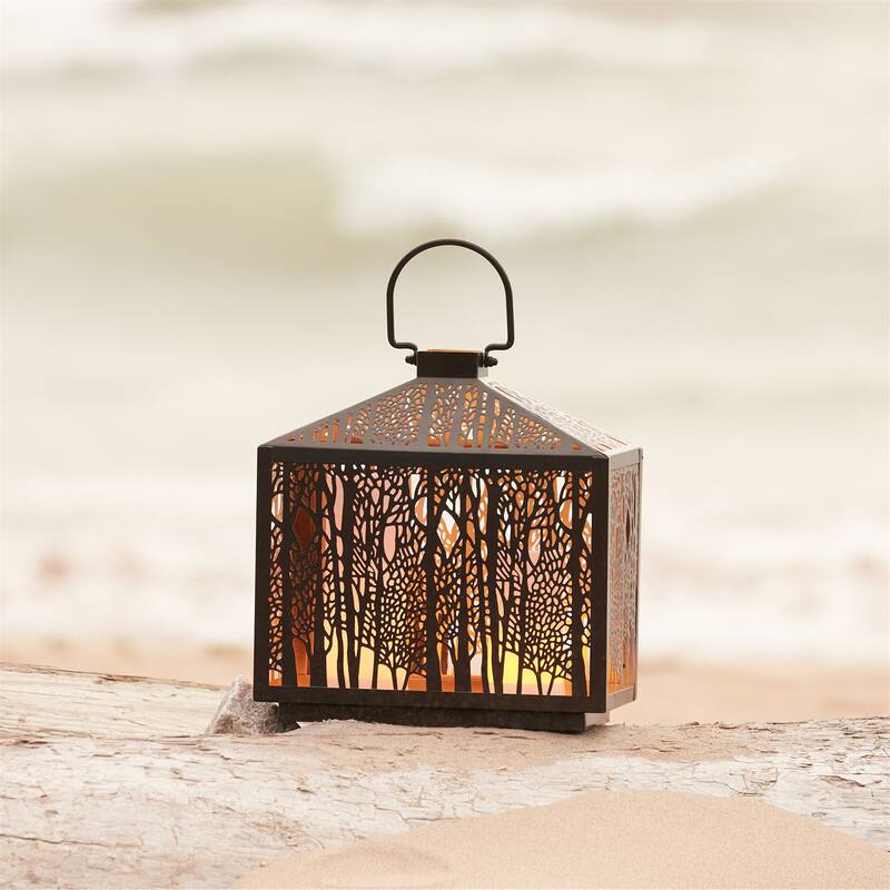 Forest Cut Metal Lantern with Gold Accent 12"H