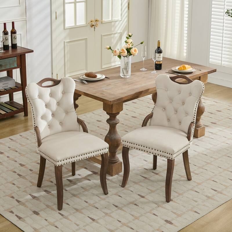 Velvet Dining Chair with Tufted Trim and Wood Legs (Set of 2)