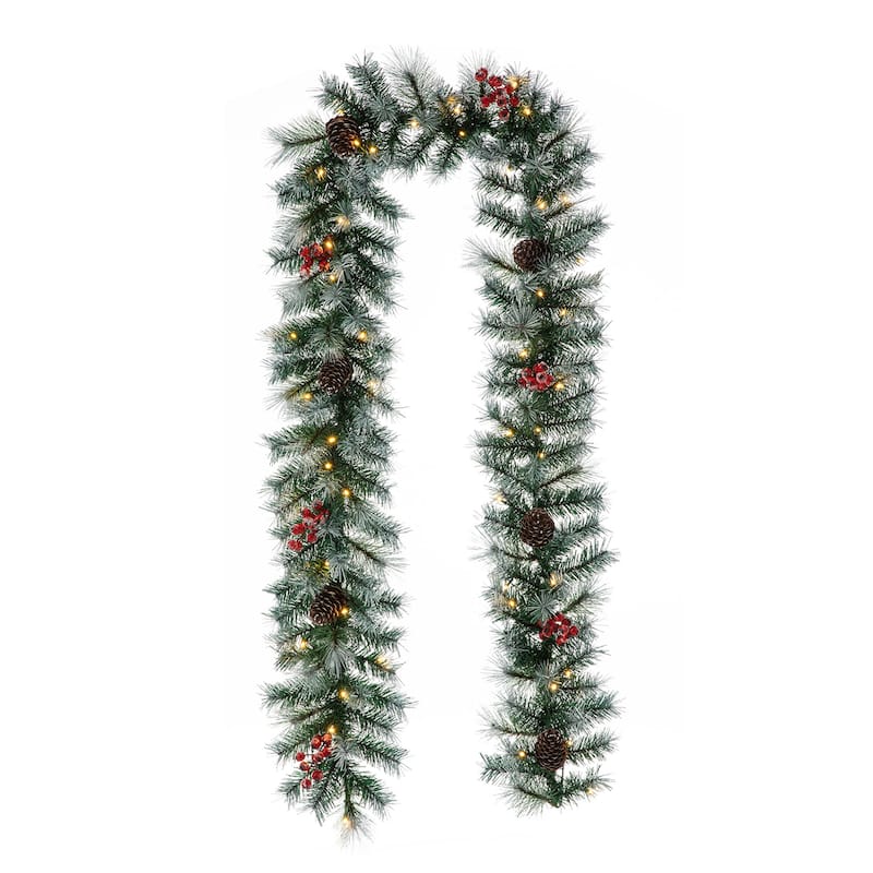 Glitzhome 9ft Pre-Lit Greenery Christmas Garland with 50 Warm White Lights(Includes Timer) - 1 PC