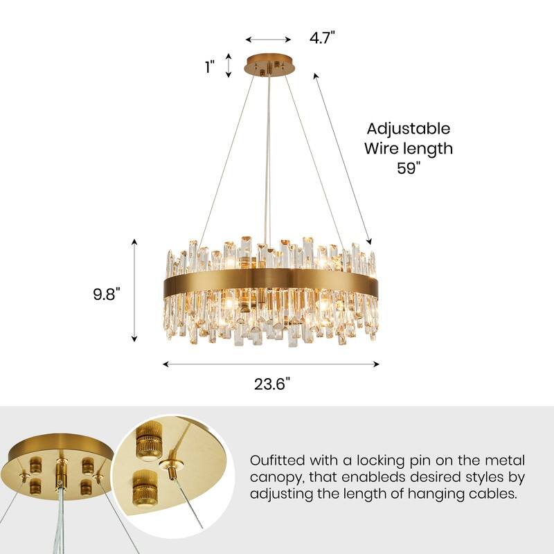 24 in. 2-Tier Modern Crystal Chandelier Brass Gold Round Crystal Raindrop Chandelier Contemporary Pendant Light for Dining Room