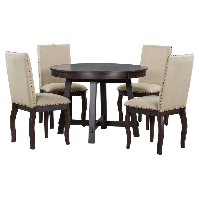 Modern 5-Piece Wooden Dining Table Set with Extendable Round Table & 4 Chairs