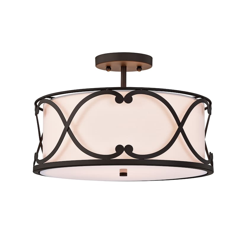 Kine Brown 3-Light Metal & Fabric Drum Semi-Flush Mount