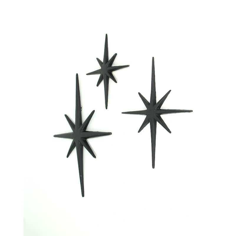 Zeckos Black Cast Iron Starburst Wall Hanging 8 Point Stars (Set Of 3)
