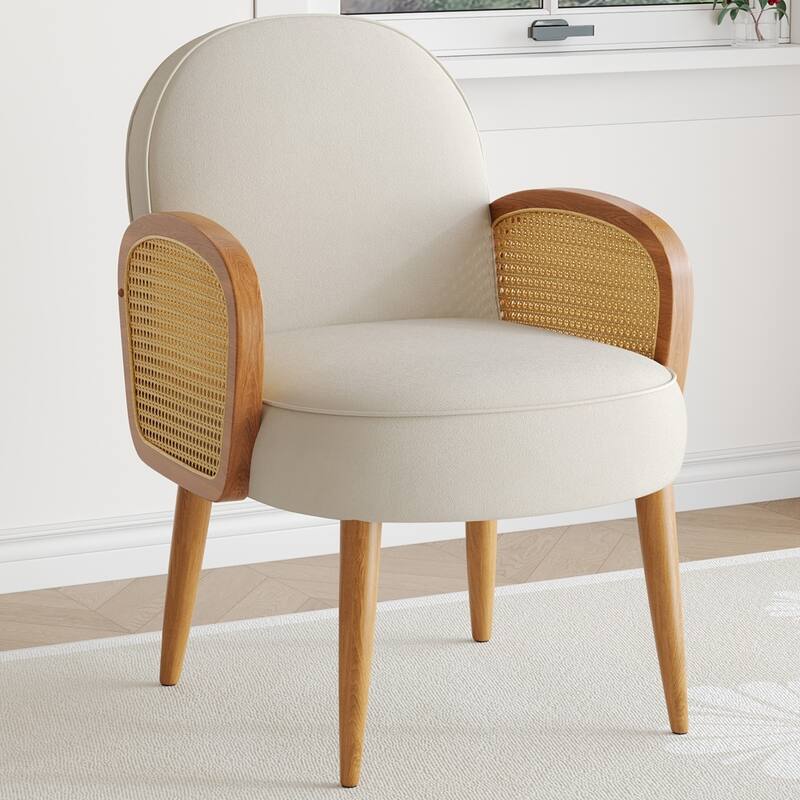 Mid-century Accent Chair with Rattan Armrests - Ivory