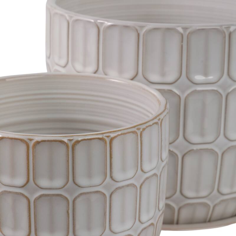 Stoneware Saucer Planters with Embossed Geometric Texture (Set of 2)