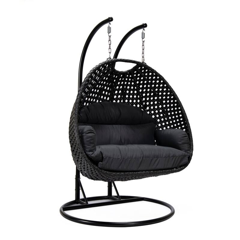 Patio 2-Person Hanging Egg Swing Chair Charcoal Wicker and Iron Frame Breathable Removable Cushion Covers by LeisureMod - Dark Grey