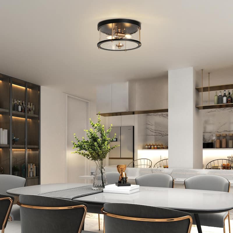 Modern Farmhouse 2-Light Drum Glass Flush Mount Chandelier Black Gold Ceiling Light - D 11" x H 6"