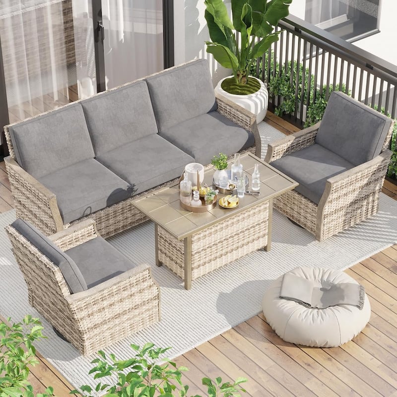 EROMMY 4-Piece Patio Furniture Set with Swivel Rocking Chairs, Outdoor Wicker Conversation Set with 3-Seat Sofa and Coffee Table - Grey