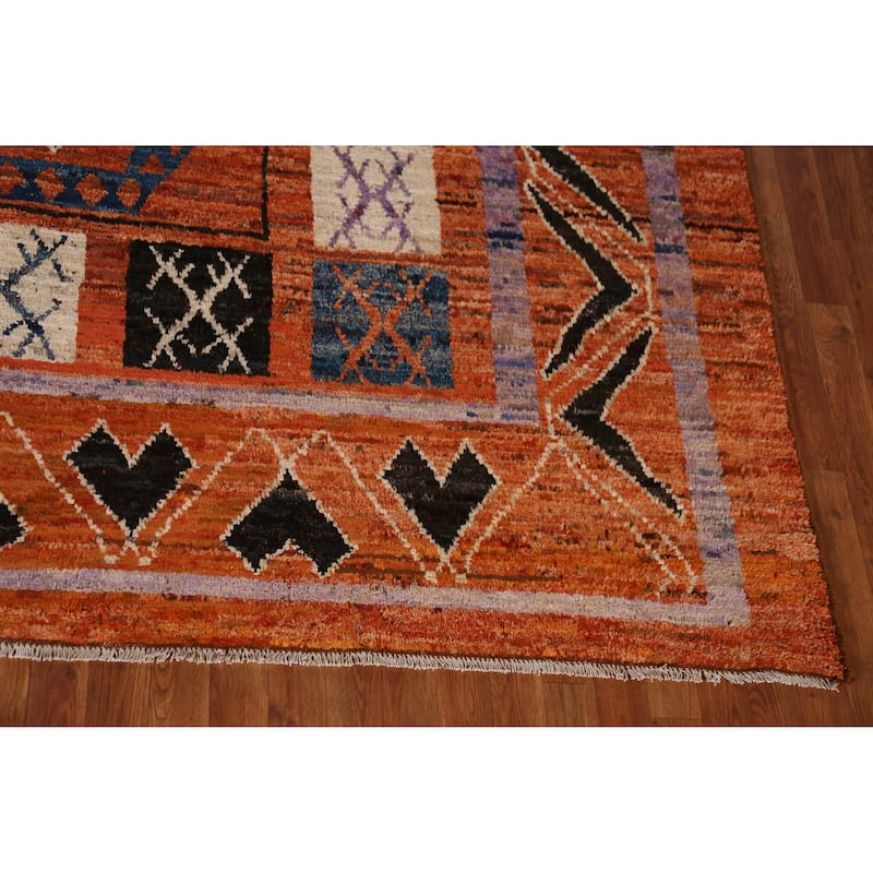 Orange Tribal Geometric Moroccan Oriental Rug Hand-Knotted Wool Carpet - 8'9" x 9'11"