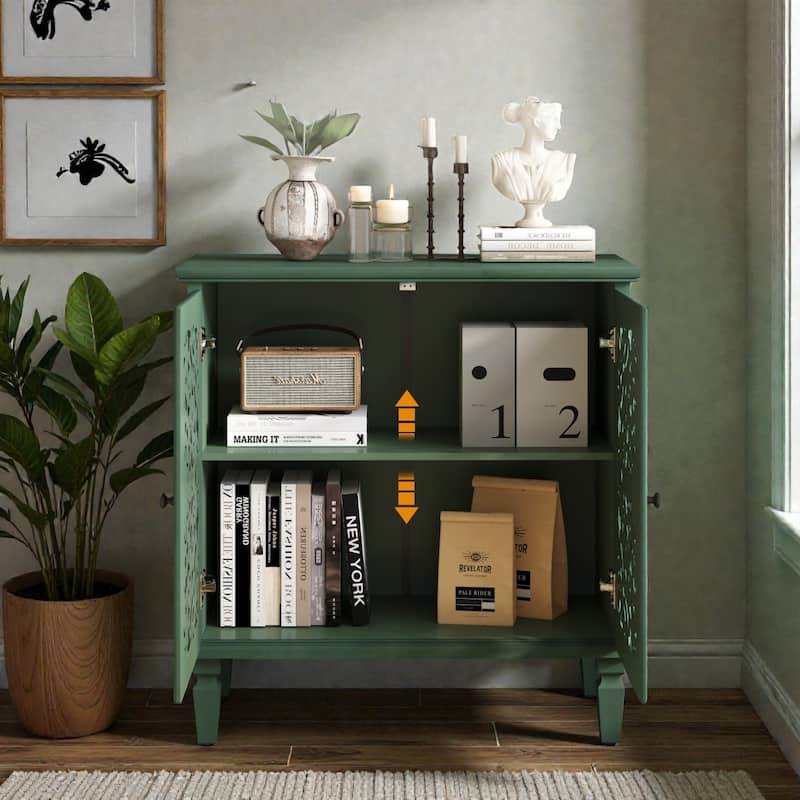 Vintage Hollow-Carved 2-Door Accent Cabinet with Floral Design, Adjustable Shelf and Solid Wood Legs, 31.5'' Sideboard