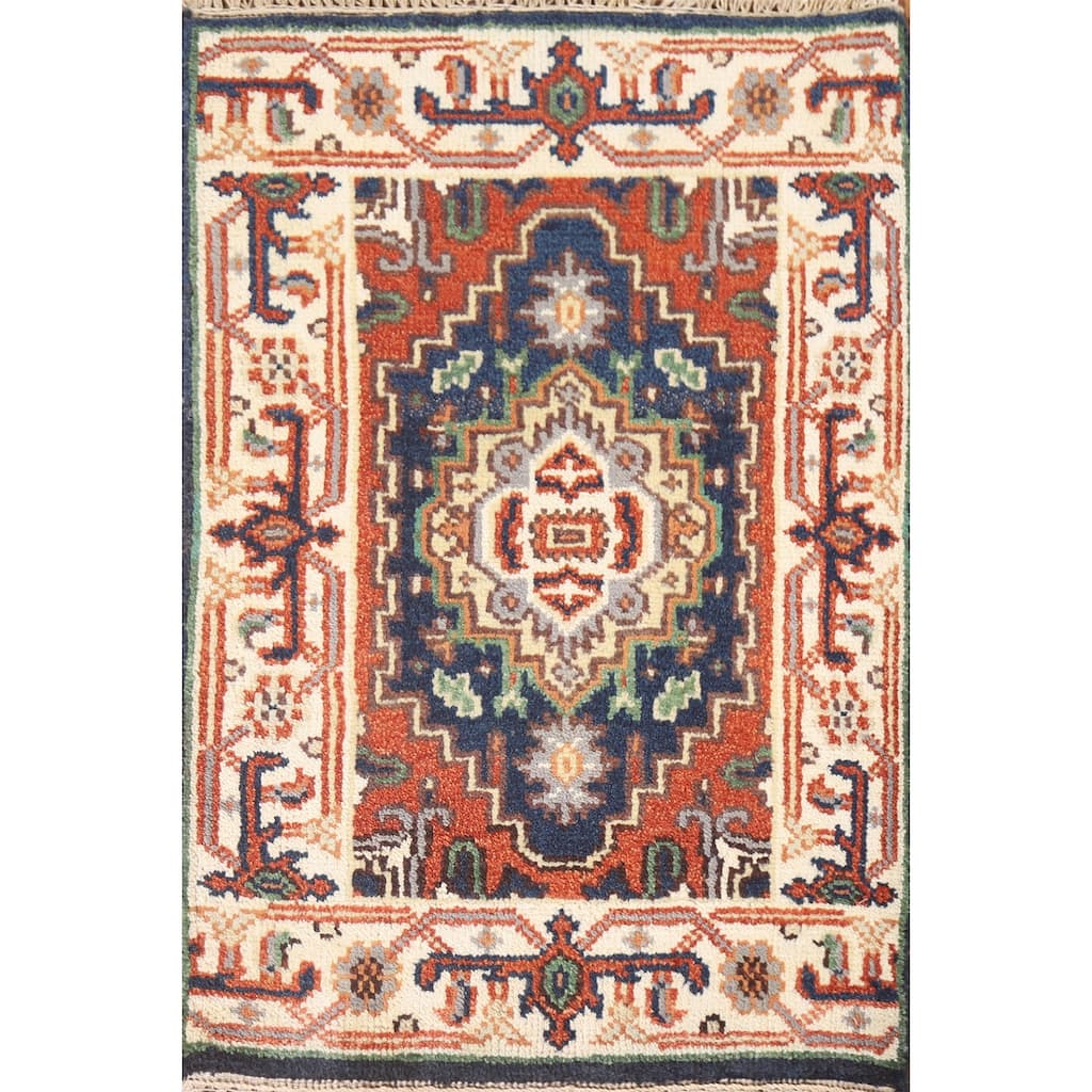 Hand Knotted Oriental 100% Wool Carpet Traditional Medallion Navy Blue & Blues Heriz (serapi) Area Rug - 3' 0'' X 2' 0''