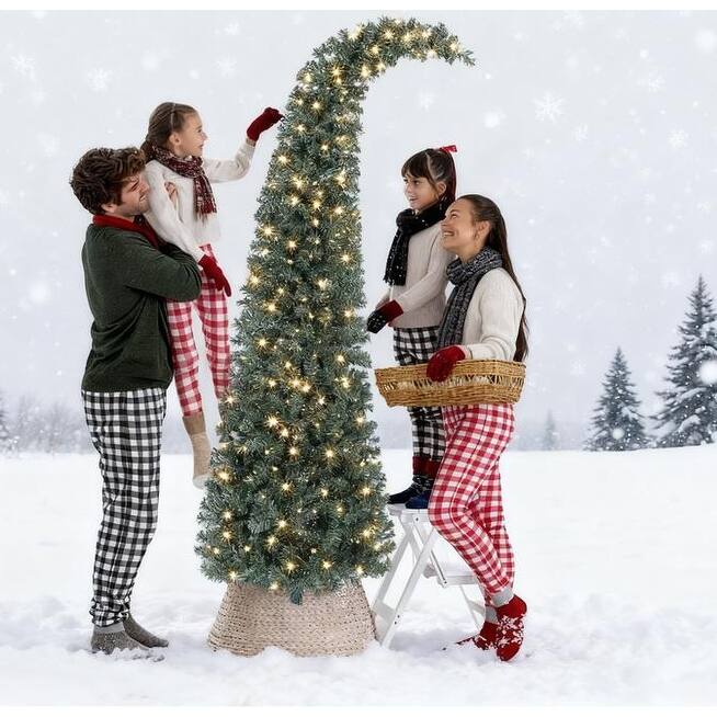 Pre-Lit Bent Top Christmas Tree - Whimsical Slim High Mountain Fir, LED Lights, Metal Stand - Green