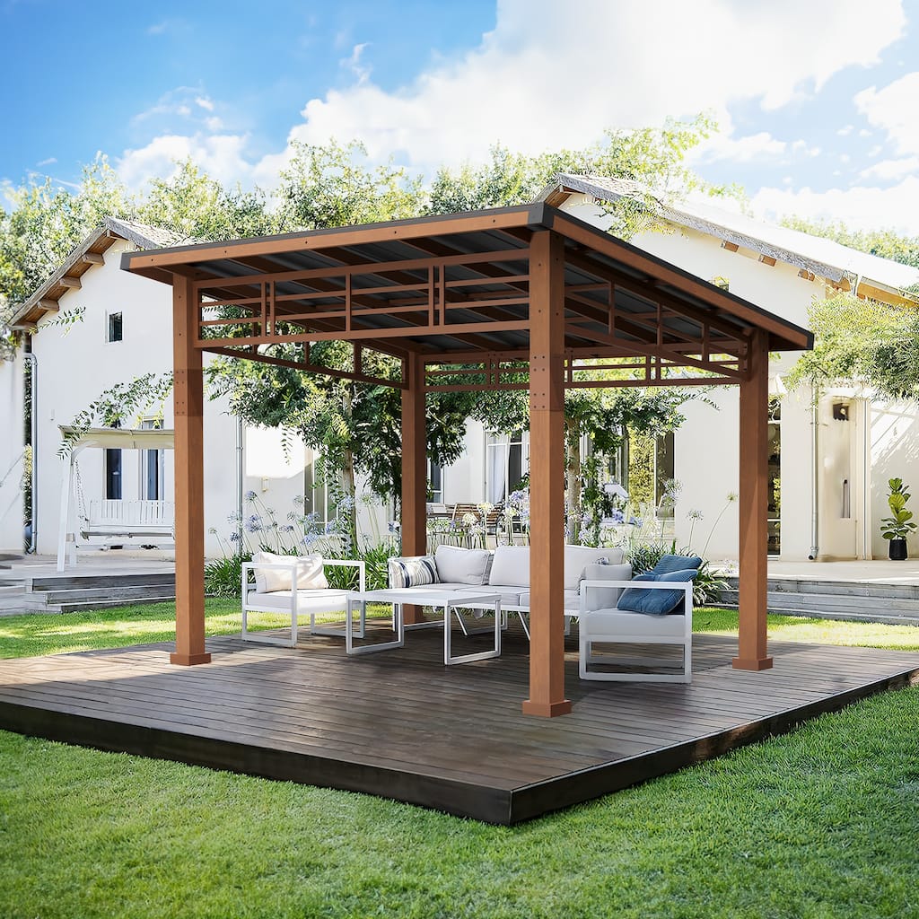 LUE BONA Patio Hardtop Rectangle Brown Pergola Metal Roof Gazebo with Side Curtain for Outdoor