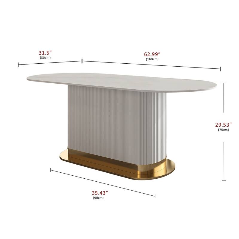 Modern Oval White Snowmass Stone Top Ammonites Leather Titanium Stainless Steel Pedestal Dining Table