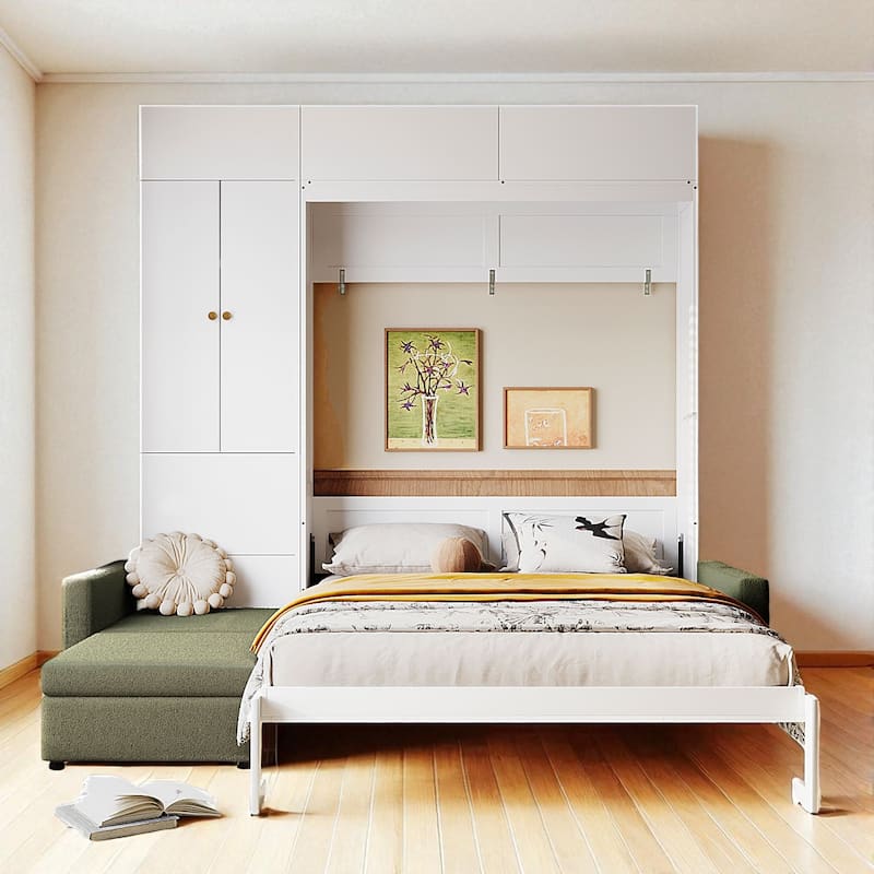 Queen Size Murphy Wall Bed with Sofa and Storage Cabinets, Folding Bed with Shelves for Small Spaces